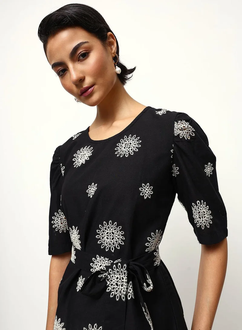 آي شين Black 100% Cotton Embroidered A-Line Tunic Relaxed Tops For Women