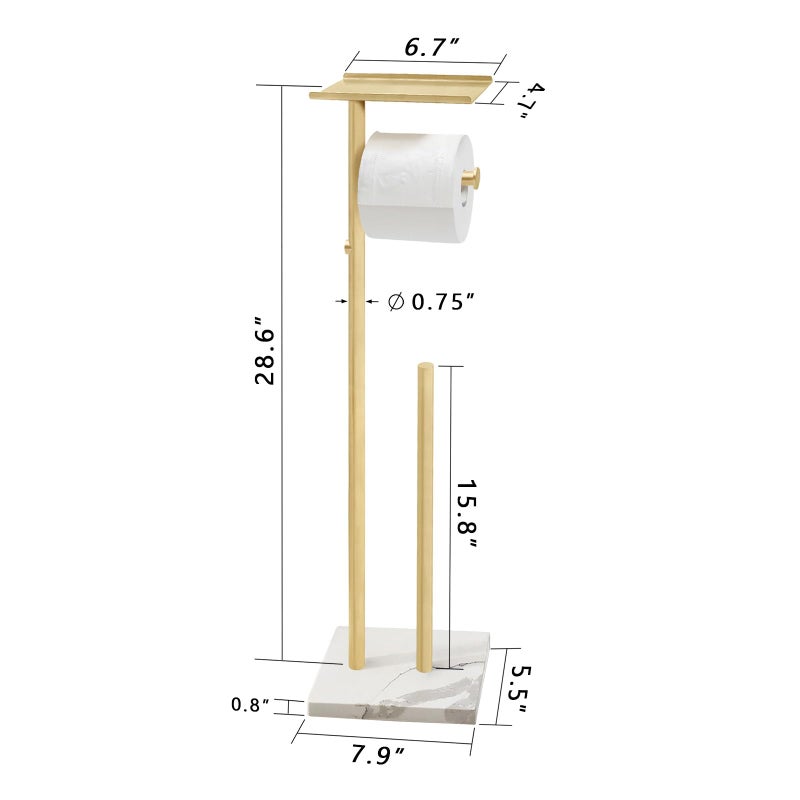 GZILA Brushed Gold Toilet Paper Stand Holder with Shelf, Marble Design Base Free Standing Toilet Paper Roll Holder with 2 Dispenser SUS 304 Stainless Steel Reserve, Storage 5 Rolls - Image 2