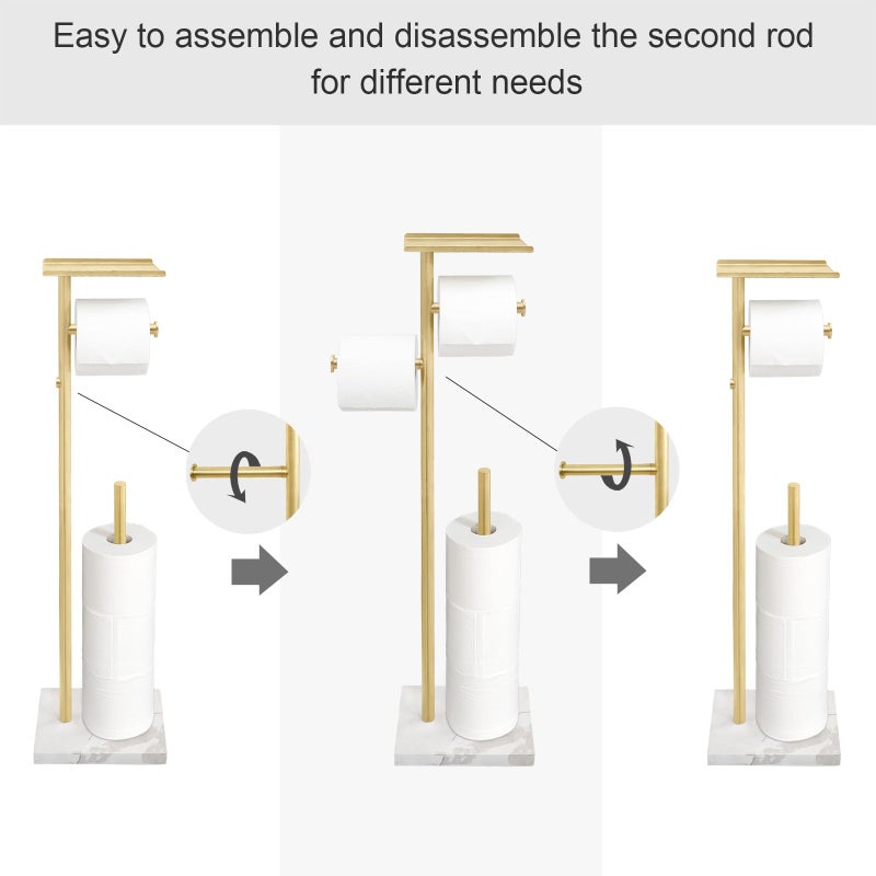 GZILA Brushed Gold Toilet Paper Stand Holder with Shelf, Marble Design Base Free Standing Toilet Paper Roll Holder with 2 Dispenser SUS 304 Stainless Steel Reserve, Storage 5 Rolls - Image 3