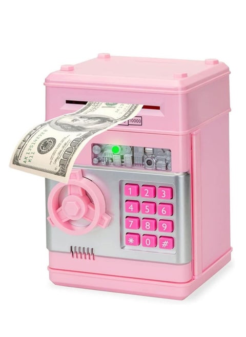 Electronic Piggy Bank for Kids with Passcode Lock, Mini ATM Safe Box for Paper Money and Coins, Auto Scroll Bank, Fun and Perfect for Encouraging Kids to Save (Pink)