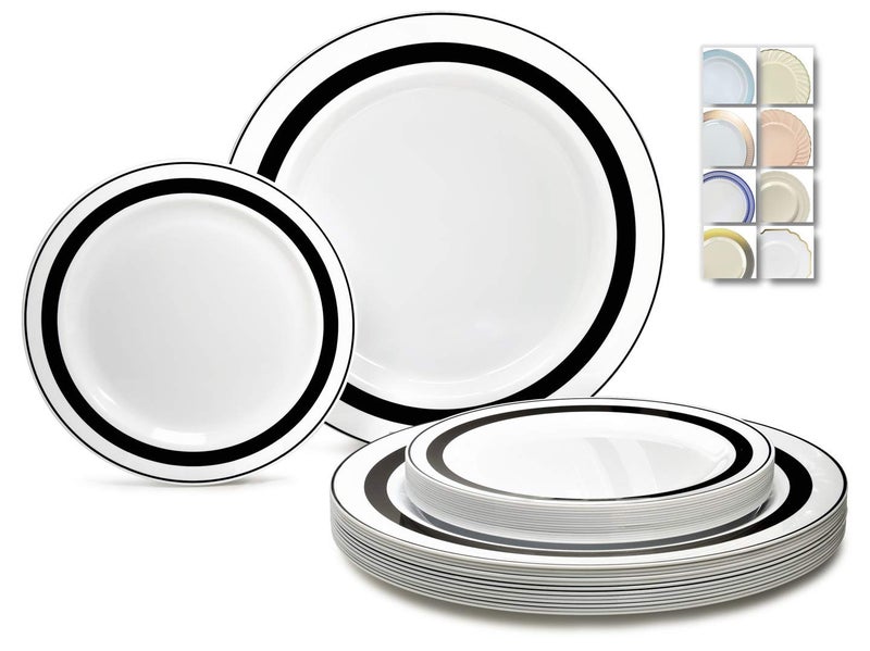 OCCASIONS FINEST PLASTIC TABLEWARE OCCASIONS  240 Plates Pack120 Guests Heavyweight Premium Wedding Party Disposable Plastic Plates Set 120 x 105 Dinner  120 x 75 SaladDessert Soleil in White  Black 