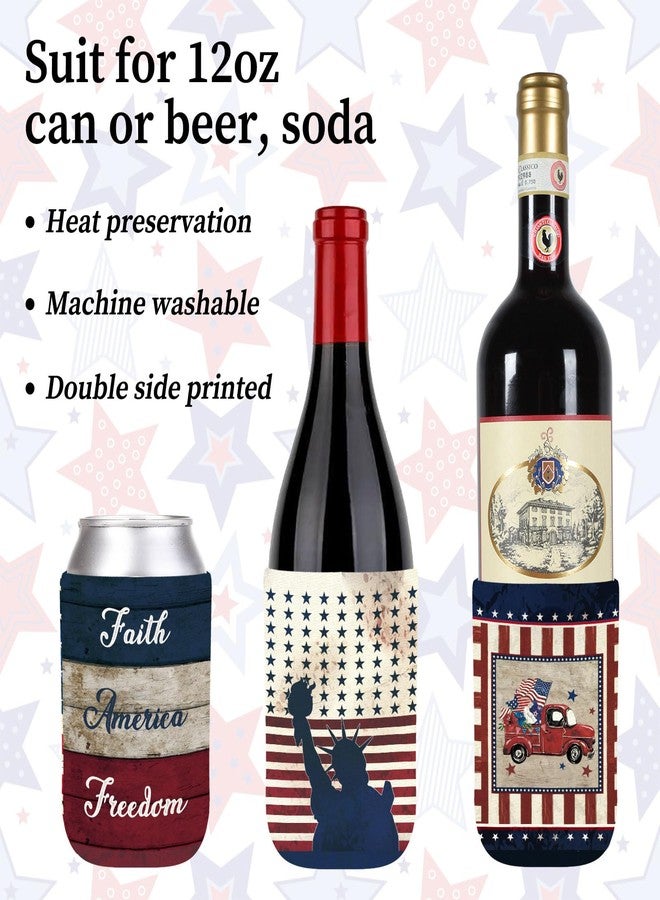 Whaline 12Pcs Patriotic Can Sleeves 4th of July Can Covers Insulators Retro USA Flag Stars Stripes Print Neoprene Thermocoolers for Beverages Bottle Can Decor Independence Day Party Supplies, 6 Design - Image 3