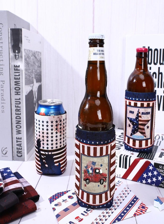 Whaline 12Pcs Patriotic Can Sleeves 4th of July Can Covers Insulators Retro USA Flag Stars Stripes Print Neoprene Thermocoolers for Beverages Bottle Can Decor Independence Day Party Supplies, 6 Design - Image 4