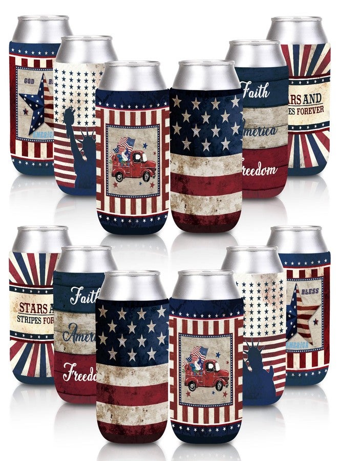 Whaline 12Pcs Patriotic Can Sleeves 4th of July Can Covers Insulators Retro USA Flag Stars Stripes Print Neoprene Thermocoolers for Beverages Bottle Can Decor Independence Day Party Supplies, 6 Design - Image 1