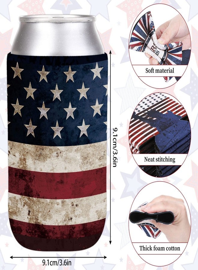 Whaline 12Pcs Patriotic Can Sleeves 4th of July Can Covers Insulators Retro USA Flag Stars Stripes Print Neoprene Thermocoolers for Beverages Bottle Can Decor Independence Day Party Supplies, 6 Design - Image 2