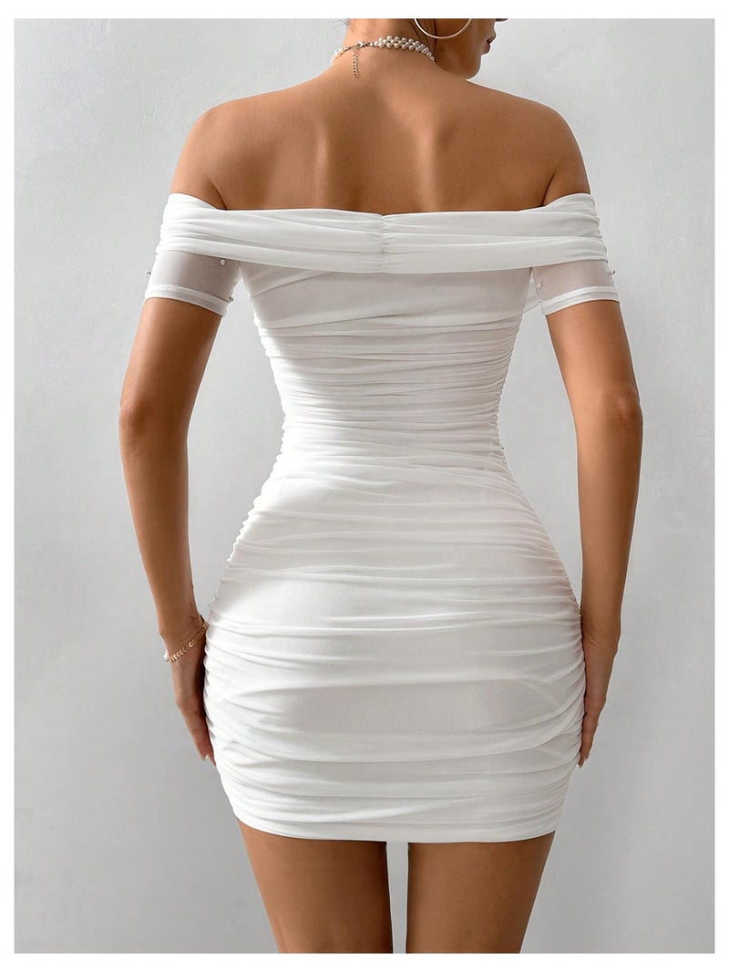 Floerns Women's Pearl Beaded Off Shoulder Short Dress Short Sleeve Bodycon Party Dresses White Large - Image 2