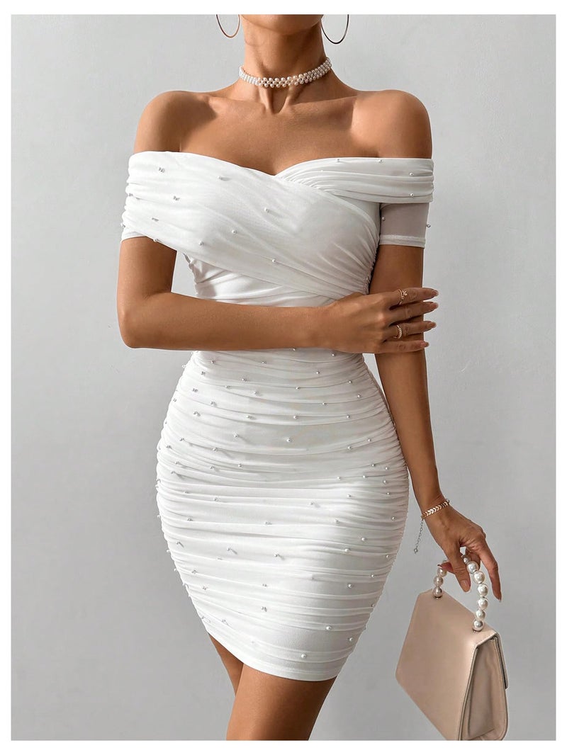 Floerns Women's Pearl Beaded Off Shoulder Short Dress Short Sleeve Bodycon Party Dresses White Large - Image 5