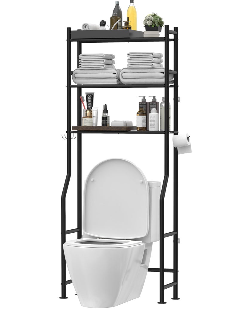 Livilord 3Tier Over The Toilet Storage Freestanding Metal Bathroom Shelves with 4 Hooks Over Toilet Storage Shelf with Paper Holder Above The Toilet Shelf for Bathroom Storage Black