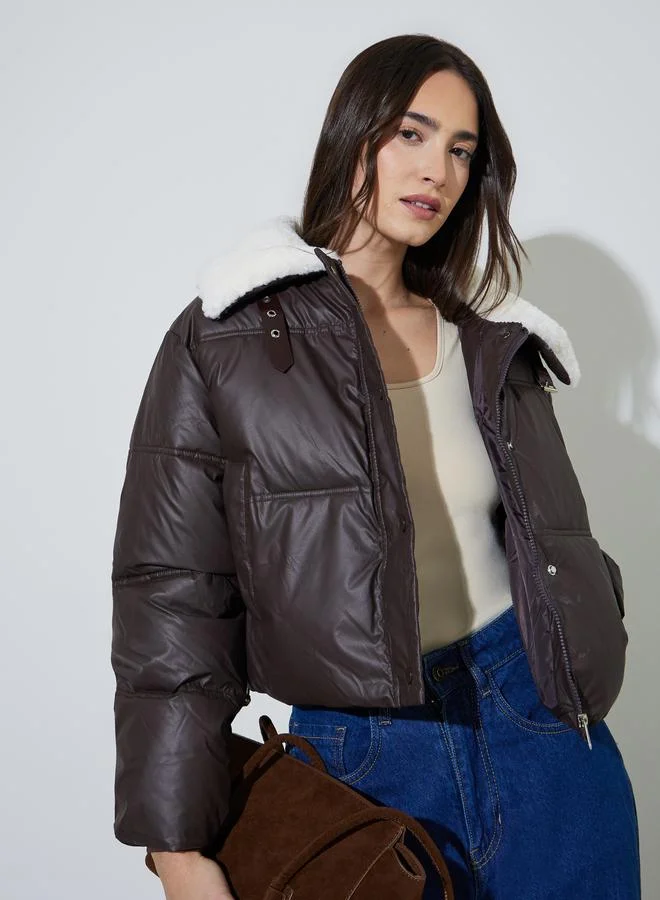 Styli Coffee Brown Solid Faux Fur Collar Short Padded Jacket