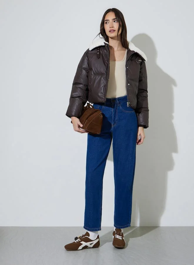 Styli Coffee Brown Solid Faux Fur Collar Short Padded Jacket