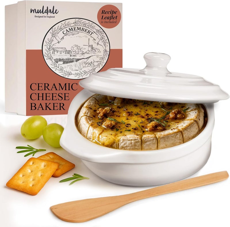 Muldale Brie Baker with Lid and Spreader - Camembert Baker Crock in White - Free from Lead Ceramic Baking Dish - 5.5” - Fits Standard Camembert Wheel - Image 1