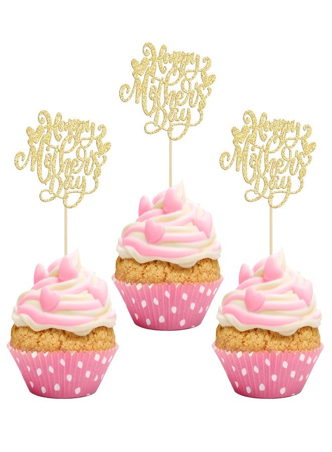 Ephlyn 24Pcs Happy Mother's Day Cupcake Topper Happy Mother's Day Cupcake Picks Glitter Heart Best Mom Party Cake Decorations Cupcake Toppers Picks for Mother's Birthday Party Supplies Gold - Image 1