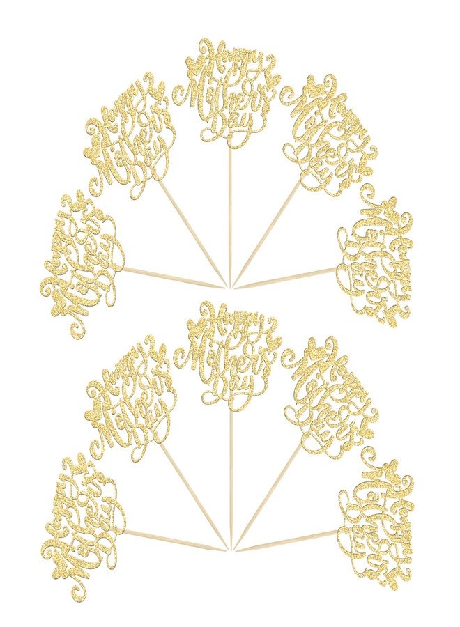 Ephlyn 24Pcs Happy Mother's Day Cupcake Topper Happy Mother's Day Cupcake Picks Glitter Heart Best Mom Party Cake Decorations Cupcake Toppers Picks for Mother's Birthday Party Supplies Gold - Image 3