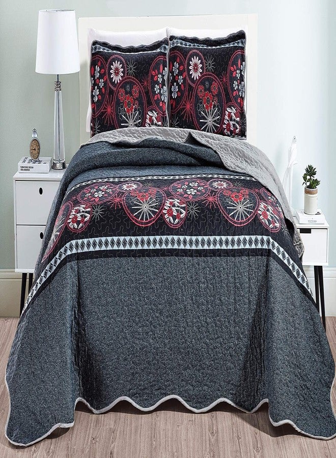 Masterplay 3-Piece Fine Printed Oversize (115" X 95") Quilt Set, Bedspread Coverlet King Size Bed Cover (Black, Red, Grey, White, Floral) - Image 1