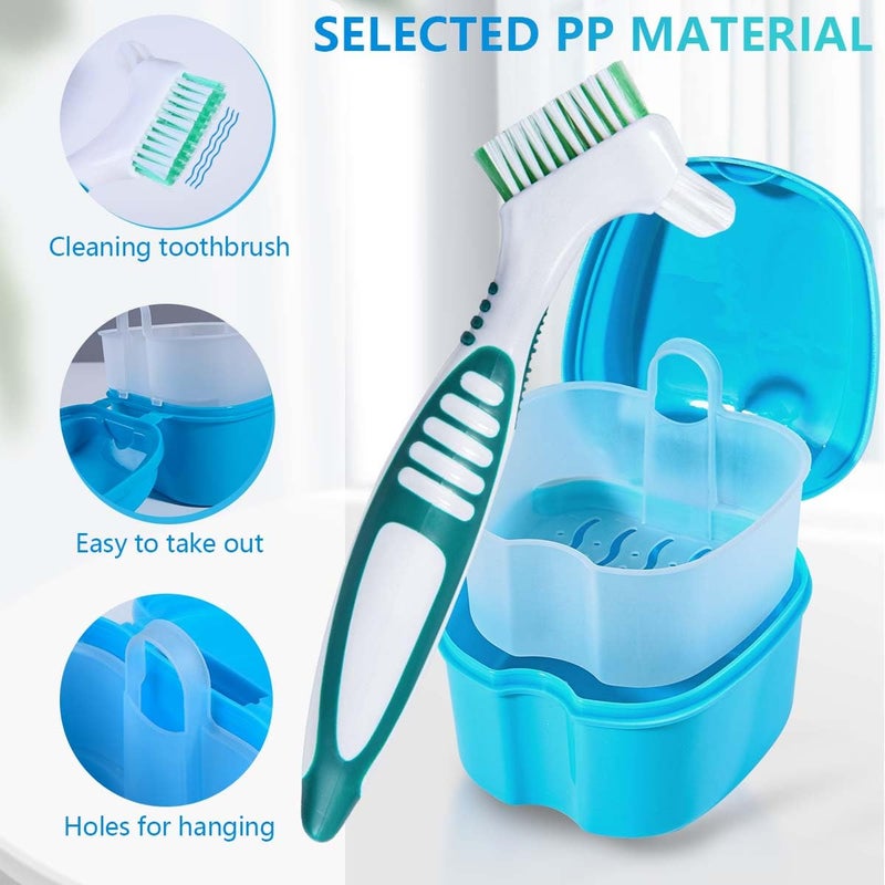 KISEER 2 Pack Denture Bath Case Cup Box Holder Storage Container with Denture Cleaner Brush Strainer Basket for Travel Cleaning (Light Blue and Blue) - Image 3
