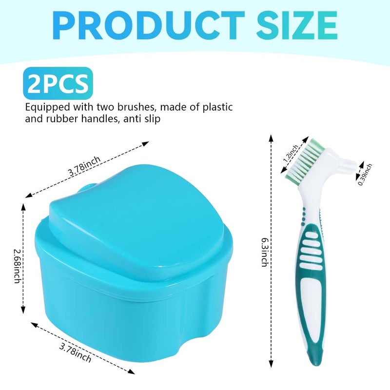 KISEER 2 Pack Denture Bath Case Cup Box Holder Storage Container with Denture Cleaner Brush Strainer Basket for Travel Cleaning (Light Blue and Blue) - Image 2