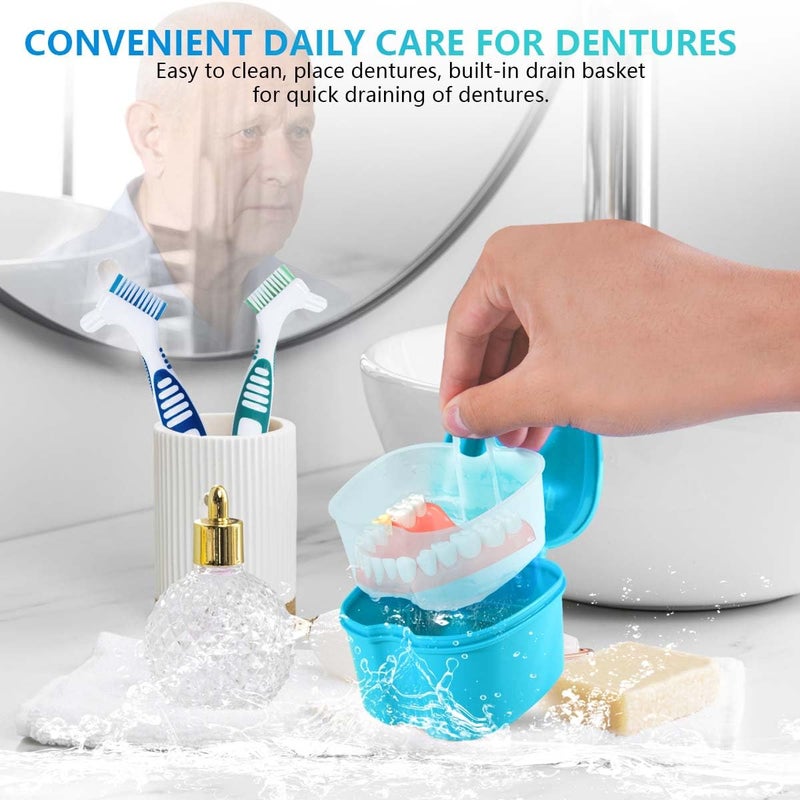 KISEER 2 Pack Denture Bath Case Cup Box Holder Storage Container with Denture Cleaner Brush Strainer Basket for Travel Cleaning (Light Blue and Blue) - Image 4