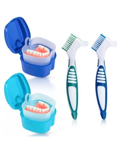 KISEER 2 Pack Denture Bath Case Cup Box Holder Storage Container with Denture Cleaner Brush Strainer Basket for Travel Cleaning (Light Blue and Blue)  - Image 1