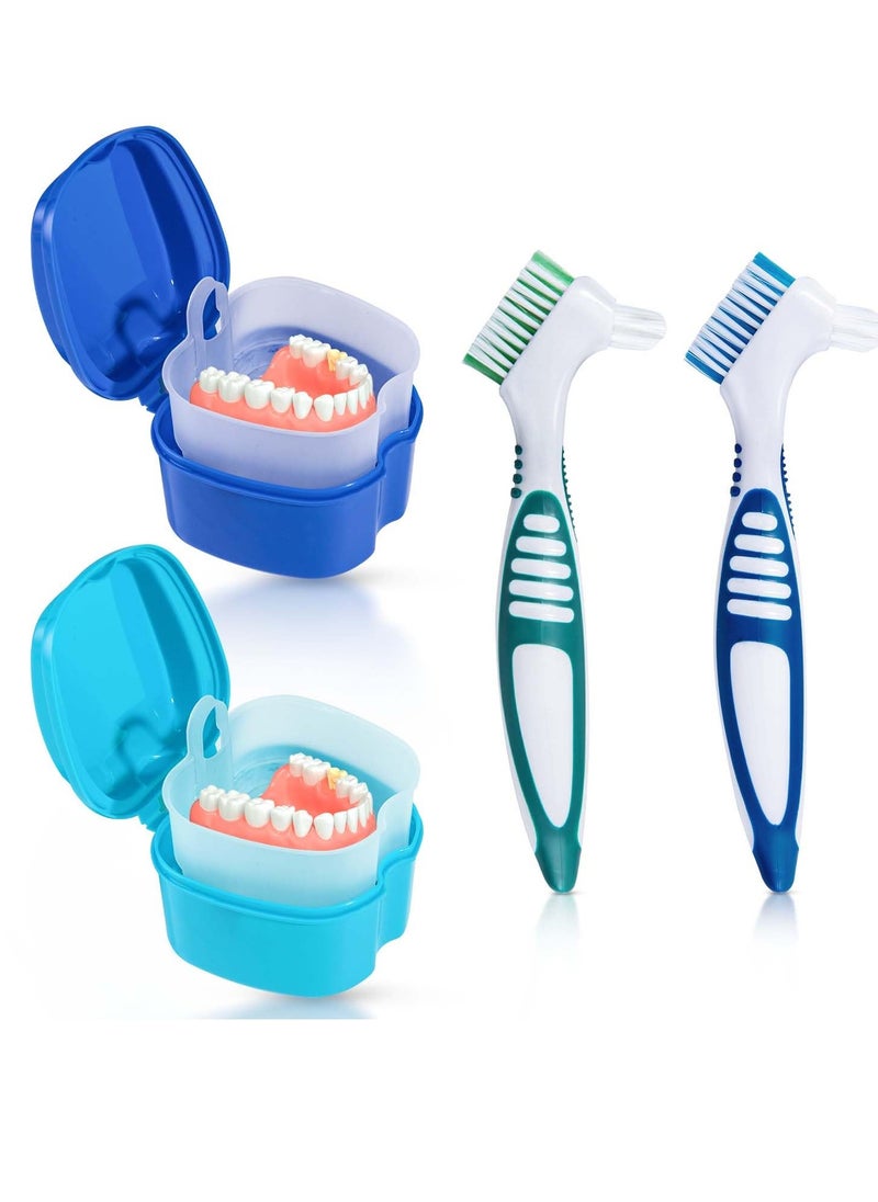 KISEER 2 Pack Denture Bath Case Cup Box Holder Storage Container with Denture Cleaner Brush Strainer Basket for Travel Cleaning (Light Blue and Blue)  - Image 1