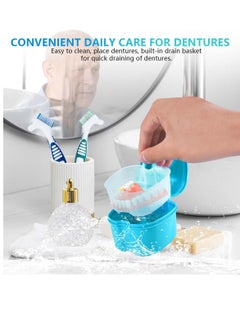 KISEER 2 Pack Denture Bath Case Cup Box Holder Storage Container with Denture Cleaner Brush Strainer Basket for Travel Cleaning (Light Blue and Blue)  - Image 3