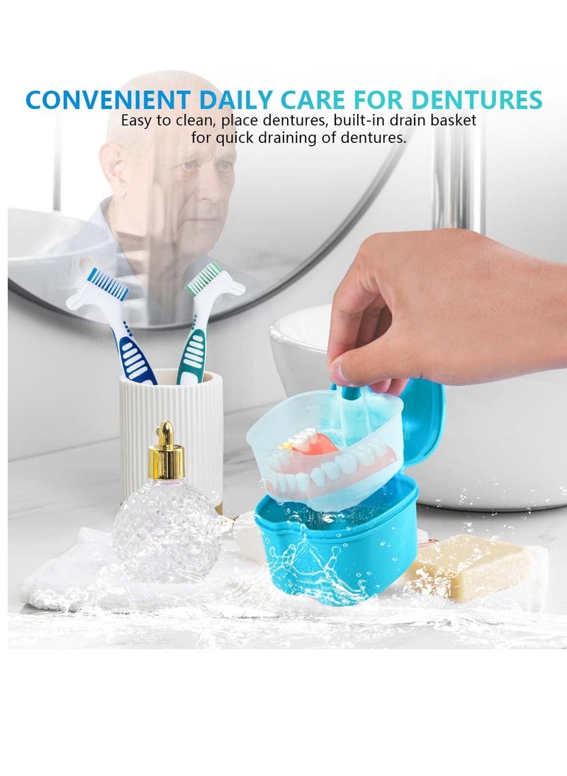 KISEER 2 Pack Denture Bath Case Cup Box Holder Storage Container with Denture Cleaner Brush Strainer Basket for Travel Cleaning (Light Blue and Blue)  - Image 3