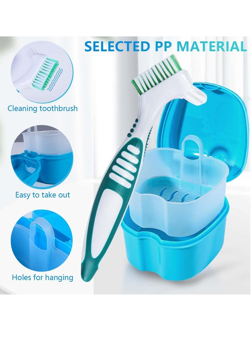 KISEER 2 Pack Denture Bath Case Cup Box Holder Storage Container with Denture Cleaner Brush Strainer Basket for Travel Cleaning (Light Blue and Blue)  - Image 4