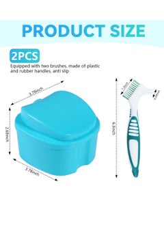 KISEER 2 Pack Denture Bath Case Cup Box Holder Storage Container with Denture Cleaner Brush Strainer Basket for Travel Cleaning (Light Blue and Blue)  - Image 2