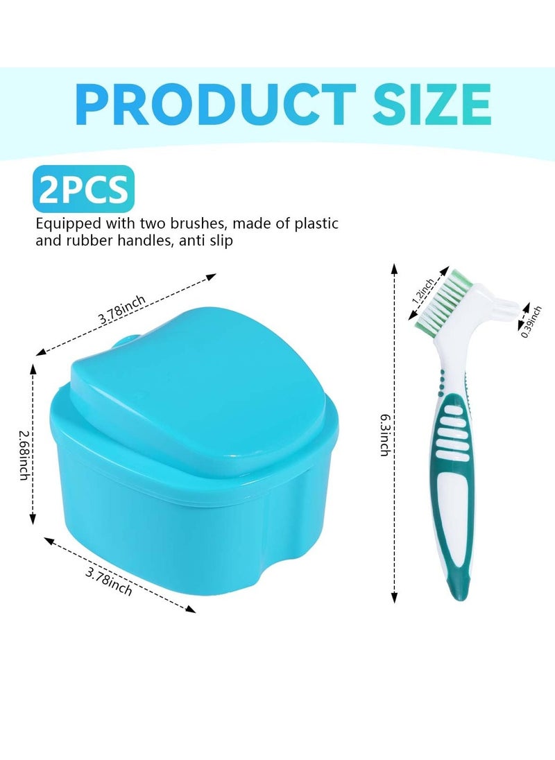 KISEER 2 Pack Denture Bath Case Cup Box Holder Storage Container with Denture Cleaner Brush Strainer Basket for Travel Cleaning (Light Blue and Blue)  - Image 2