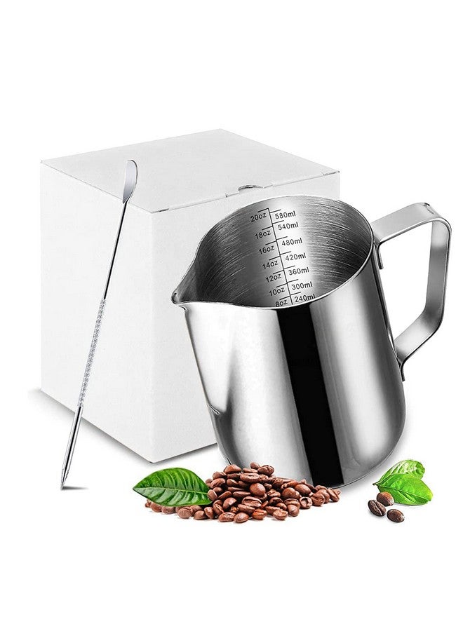 Zeitel زيتل® إبريق حليب رغوي مع مقياس من الفولاذ المقاوم للصدأ لإبريق حليب الإسبريسو لرغوة الكابتشينو بارستا إبريق بخار الحليب كوب مع قلم تزيين فن اللاتيه 20 أونصة - Image 1