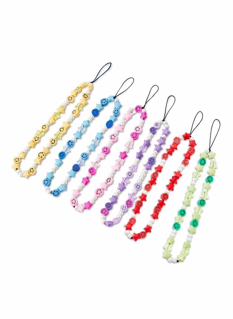 SYOSI - 6 Pcs Beaded Phone Strap Smiley Face Beaded Lanyard Wrist Strap, Star Smiley Soft Ceramic Bracelet Keychain Charm for Women Girl 6 Color - Image 1