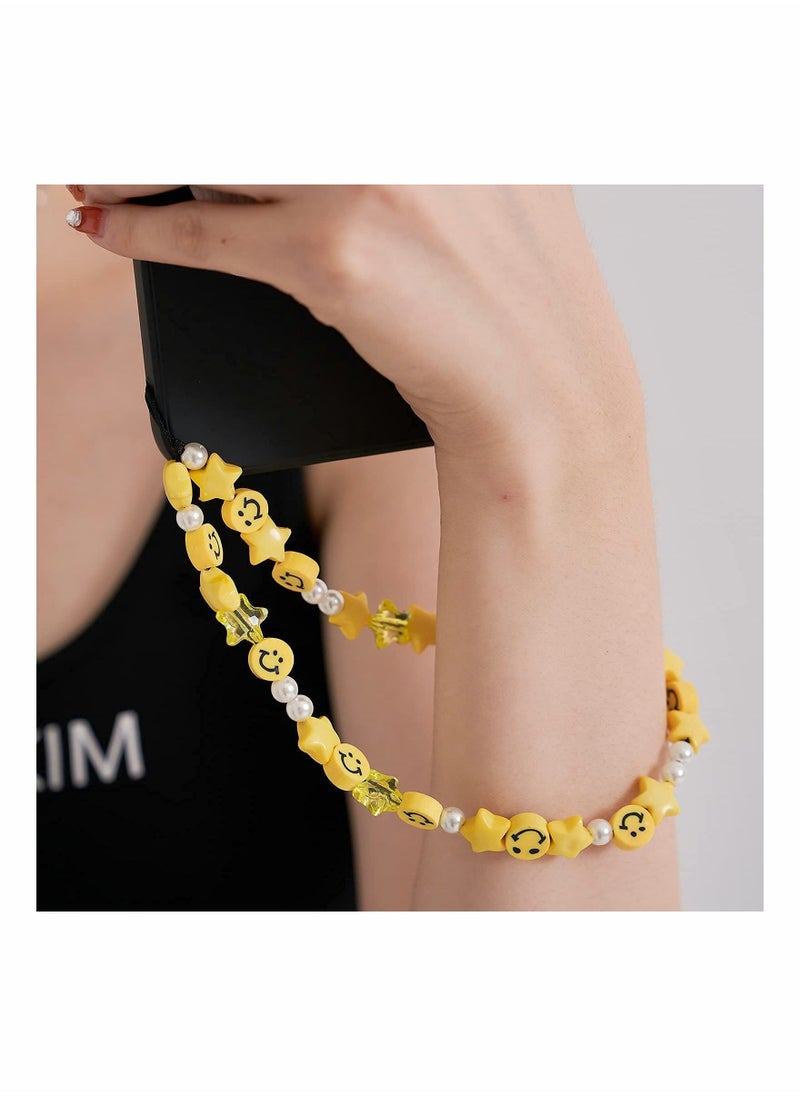 SYOSI - 6 Pcs Beaded Phone Strap Smiley Face Beaded Lanyard Wrist Strap, Star Smiley Soft Ceramic Bracelet Keychain Charm for Women Girl 6 Color - Image 1