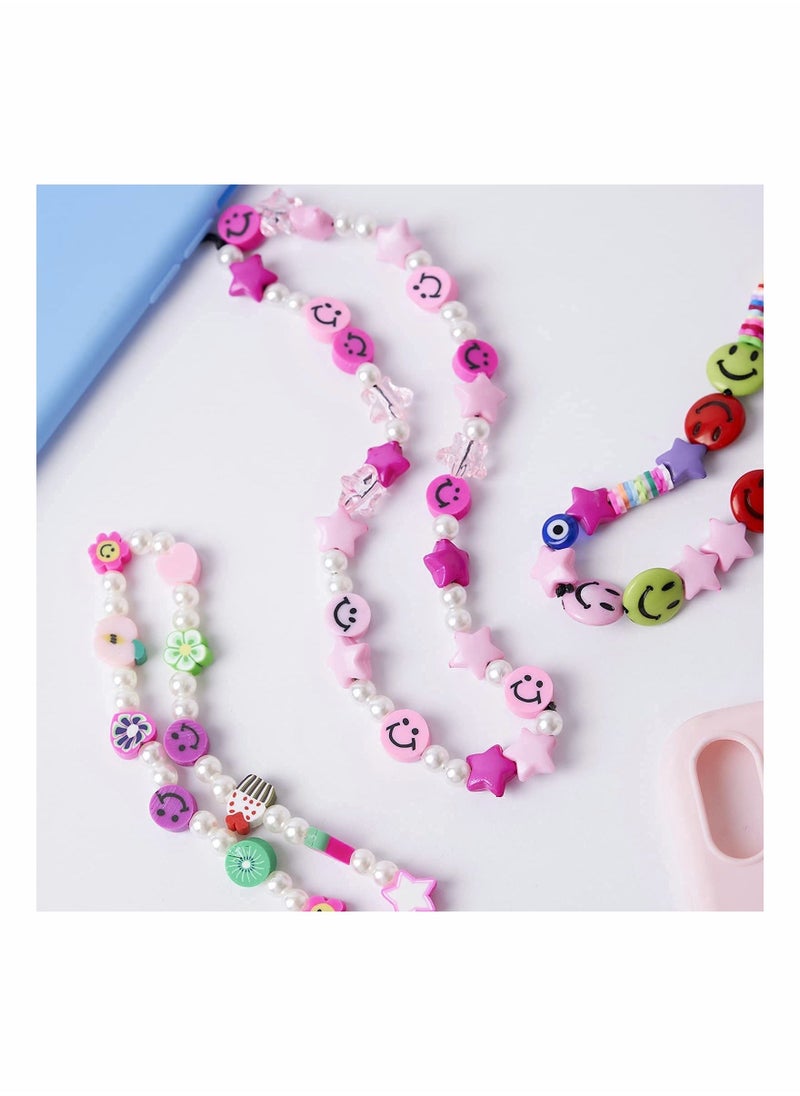 SYOSI - 6 Pcs Beaded Phone Strap Smiley Face Beaded Lanyard Wrist Strap, Star Smiley Soft Ceramic Bracelet Keychain Charm for Women Girl 6 Color - Image 1