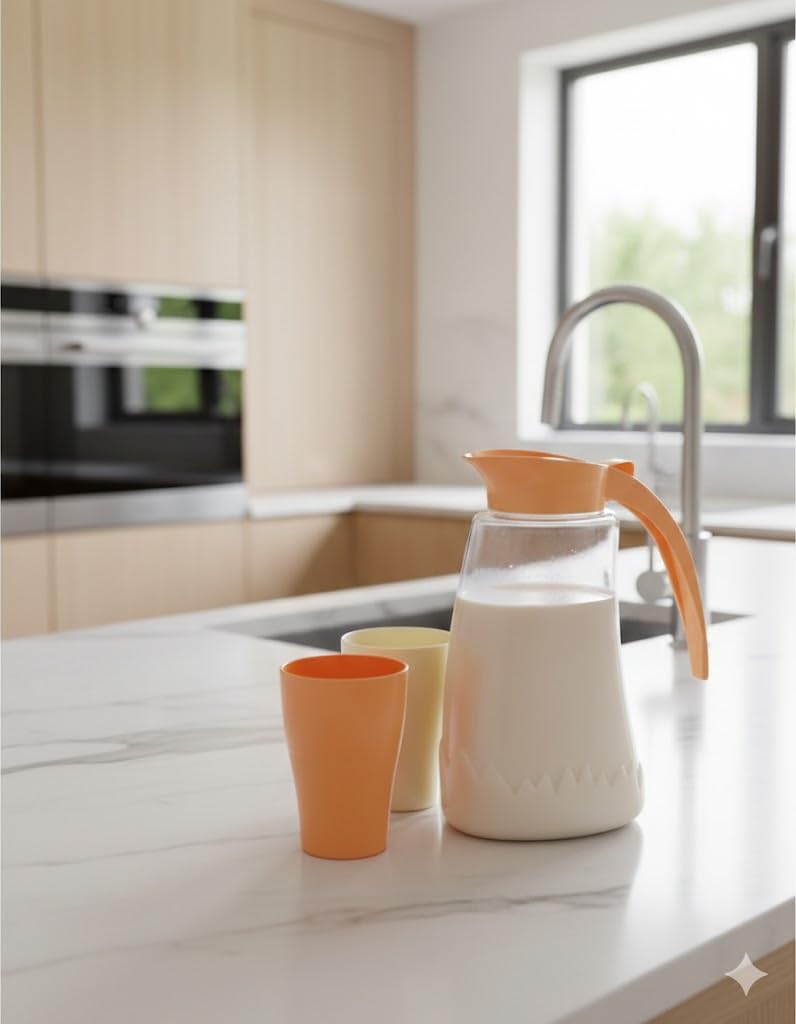 Family Decanter with Cups, Practical Design with Handle, Beverage Jug with 2 Cups, Orange and Beige High Quality Plastic - Image 2