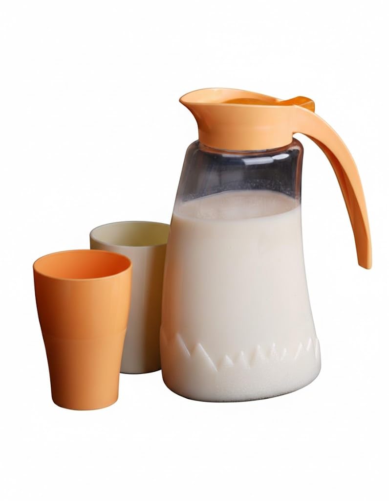 Family Decanter with Cups, Practical Design with Handle, Beverage Jug with 2 Cups, Orange and Beige High Quality Plastic - Image 1