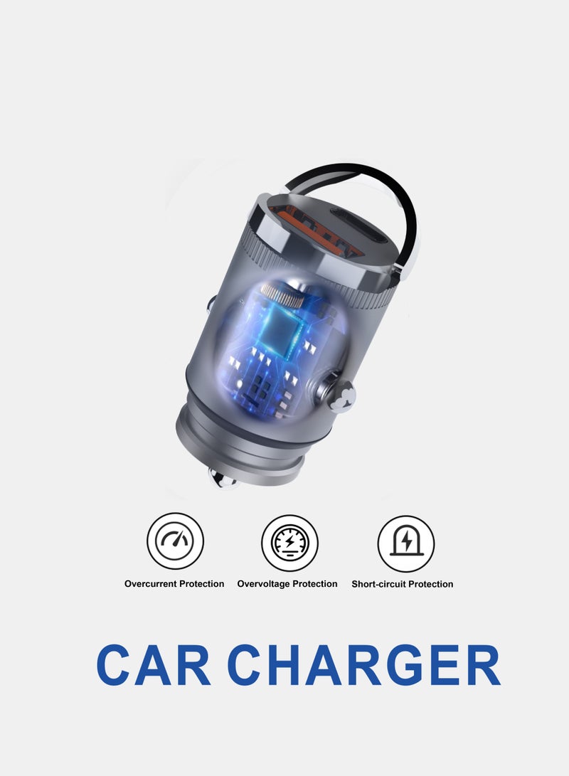 شاحن سيارة سريع 30 واط / سوبر ميني / تصميم حلقة سحب / جميع المعادن / PD و QC 3.0 / رمادي غامق / مع كابل لايتنينج مجاني - Image 3