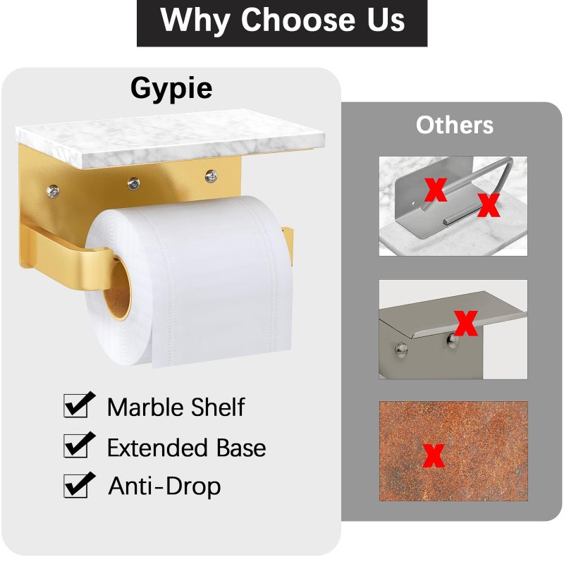 Gypie حامل ورق التواليت Gypie مع الرف الممتد قاعدة الجدار المثبت على رخام رخام حامل أسود لحمام الحمام الذهبي - Image 4