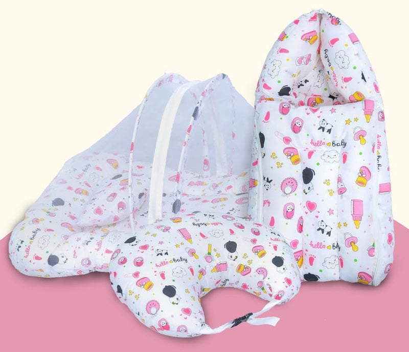 Infans Mini Baby Bedding Set, 3 Pcs Cotton Sleeping Essential|Baby Sleeping Bag|Mother Nursing Feeding Pillow|Mosquito Net Bed for 0-6 Months (Panda Pink) - Image 1