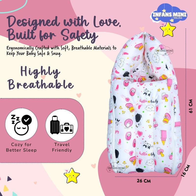 Infans Mini Baby Bedding Set, 3 Pcs Cotton Sleeping Essential|Baby Sleeping Bag|Mother Nursing Feeding Pillow|Mosquito Net Bed for 0-6 Months (Panda Pink) - Image 3