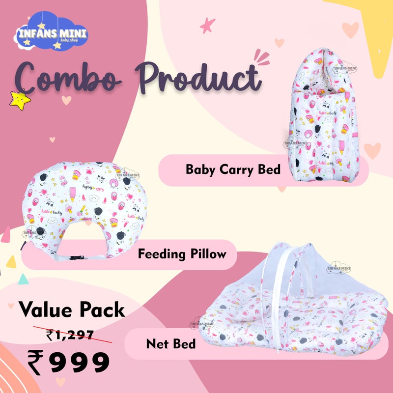 Infans Mini Baby Bedding Set, 3 Pcs Cotton Sleeping Essential|Baby Sleeping Bag|Mother Nursing Feeding Pillow|Mosquito Net Bed for 0-6 Months (Panda Pink) - Image 2