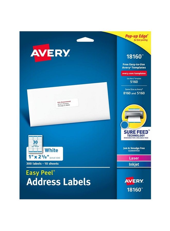 AVERY 18160 Easy Peel Address Labels 1 X 25 8 White 300 Labels Pack - Image 1