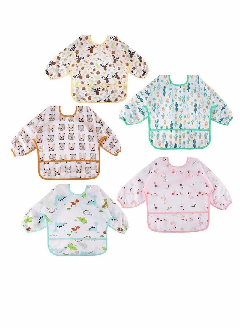 KASTWAVE 5 Pieces Baby Bibs with Sleeves，Waterproof Babies Feeding Bibs with Long Sleeves Washable Baby Drool Painting Apron Bibs Infant Toddler for 0 Months to 2 Years Old - Image 1