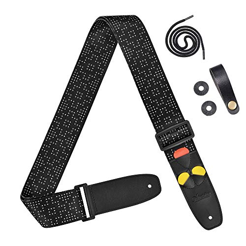 Amumu White Dot Guitar Strap with 3 Pick Holders for Acoustic, Electric, Bass Guitars -Black - Image 1