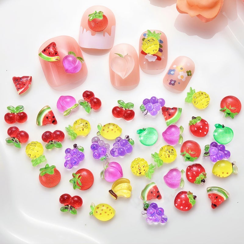 Quezadyl 100Pcs Cute Fruit Nails Charms 3D Resin Fruit Nail Art Rhinestones Summer Strawberry Cherry Grape Watermelon Pineapple Apple Nail Jewelry Nail Gems Acrylic Nail Art Supplies for Women Nail Decoration - Image 3