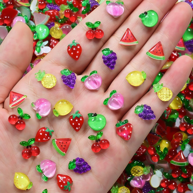 Quezadyl 100Pcs Cute Fruit Nails Charms 3D Resin Fruit Nail Art Rhinestones Summer Strawberry Cherry Grape Watermelon Pineapple Apple Nail Jewelry Nail Gems Acrylic Nail Art Supplies for Women Nail Decoration - Image 1
