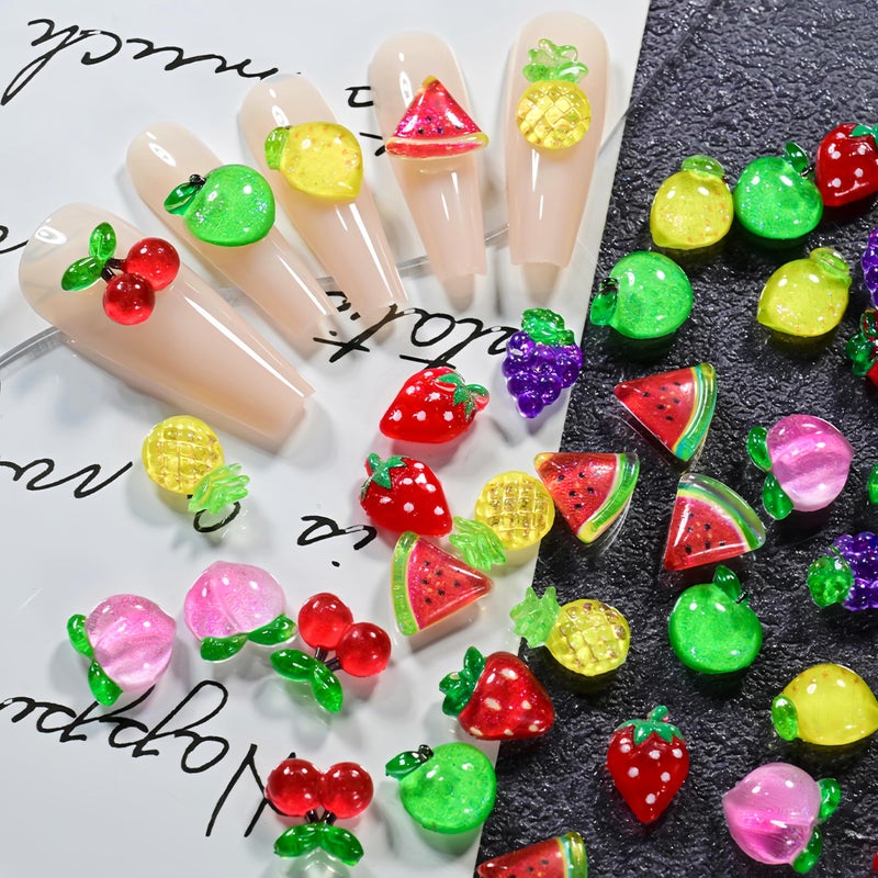 Quezadyl 100Pcs Cute Fruit Nails Charms 3D Resin Fruit Nail Art Rhinestones Summer Strawberry Cherry Grape Watermelon Pineapple Apple Nail Jewelry Nail Gems Acrylic Nail Art Supplies for Women Nail Decoration - Image 4