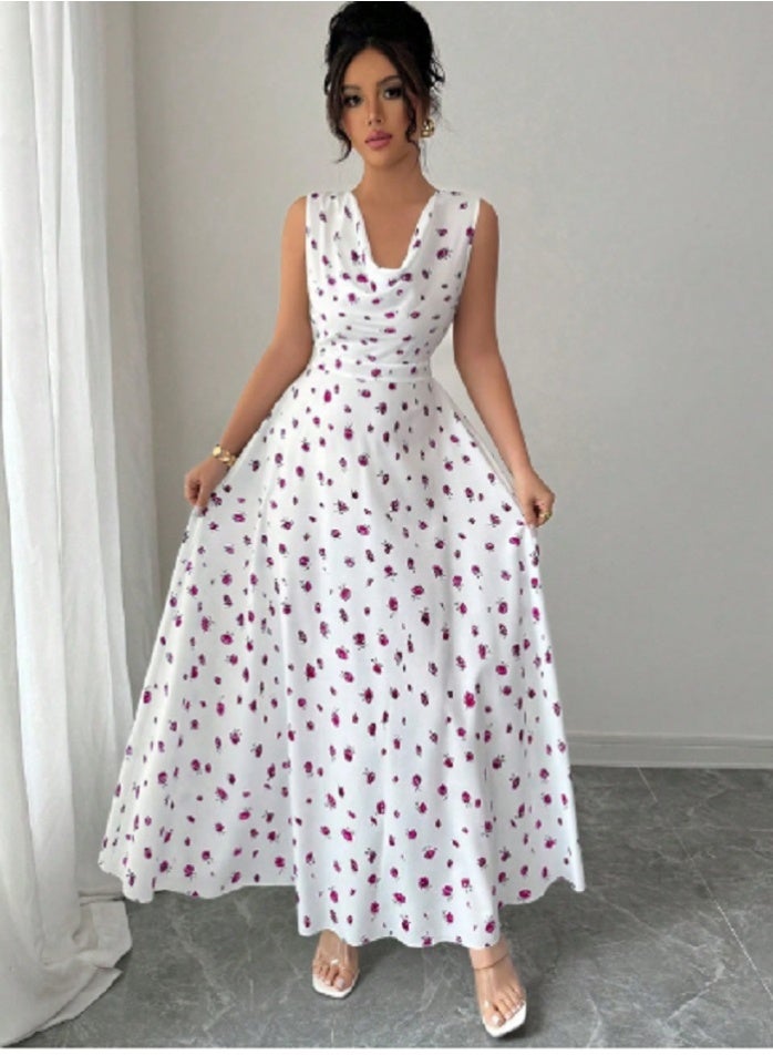 SHEIN New Summer Vacation  Floral Minimalist Print Cinched Waist Casual Elegant Draped Neck Sleeveless Dress - Image 5