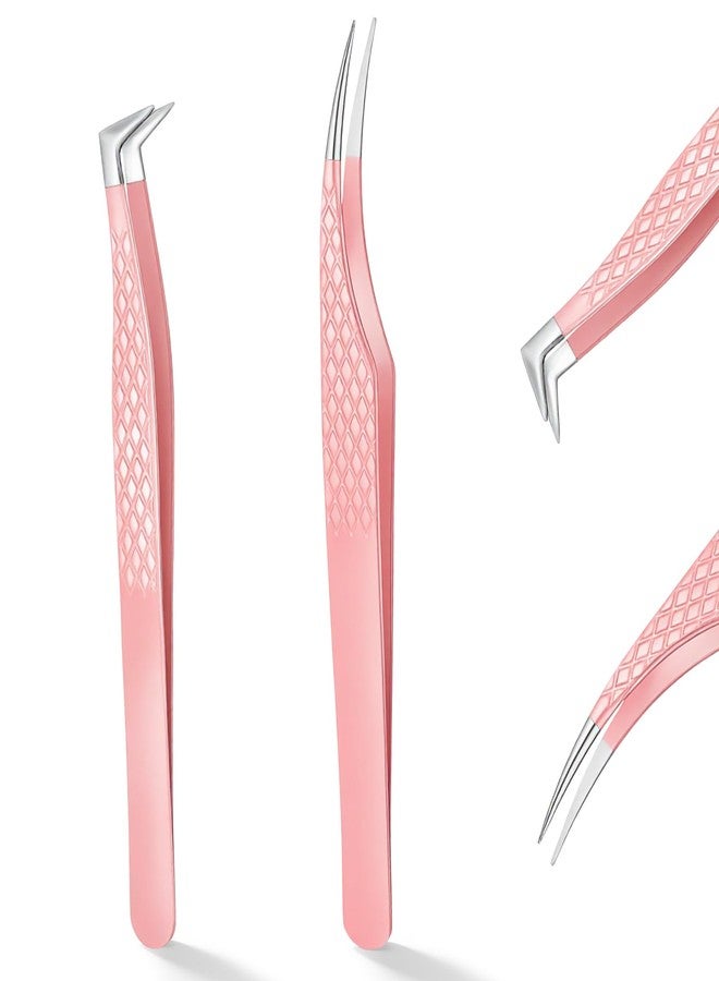 Yuomeaz 2 PCS Tweezers for Lashes, Pink Lash Tweezer Extensions, Metal Eyelash Tweezer with Diamond Fiber Grip for Volume Classic Eyelash Extension - Image 1
