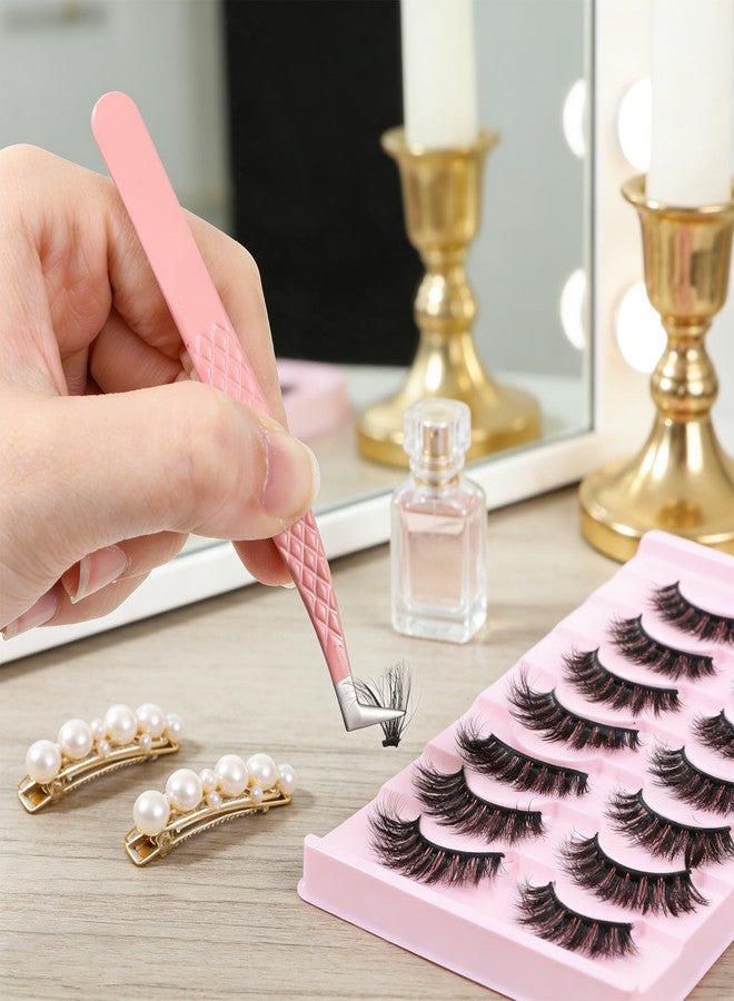 Yuomeaz 2 PCS Tweezers for Lashes, Pink Lash Tweezer Extensions, Metal Eyelash Tweezer with Diamond Fiber Grip for Volume Classic Eyelash Extension - Image 3
