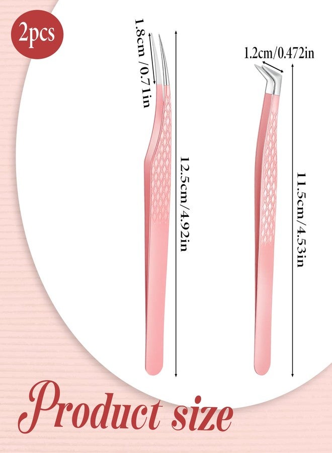 Yuomeaz 2 PCS Tweezers for Lashes, Pink Lash Tweezer Extensions, Metal Eyelash Tweezer with Diamond Fiber Grip for Volume Classic Eyelash Extension - Image 2