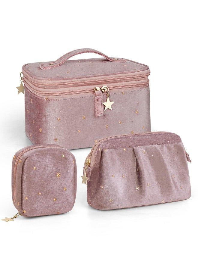 Wedama Makeup Bag Gift for Women, Double-layer Cosmetic Bag with Jewelry Storage and Brush Holder 3 Pcs Velvet Makeup Organizer Bag Gift Set Travel Toiletry Bag for Women Girls, Pink - Image 1